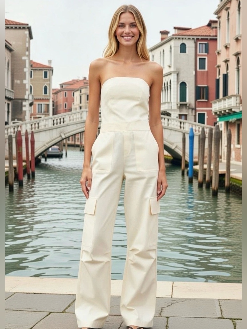 ZARA White Strapless Wide-Leg Cargo Jumpsuit